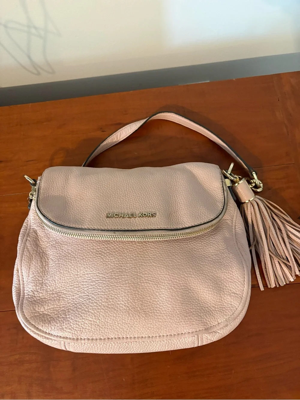 Michael Kors Blush Pink Pebbled Leather Shoulder Bag Tassel Gold Chain